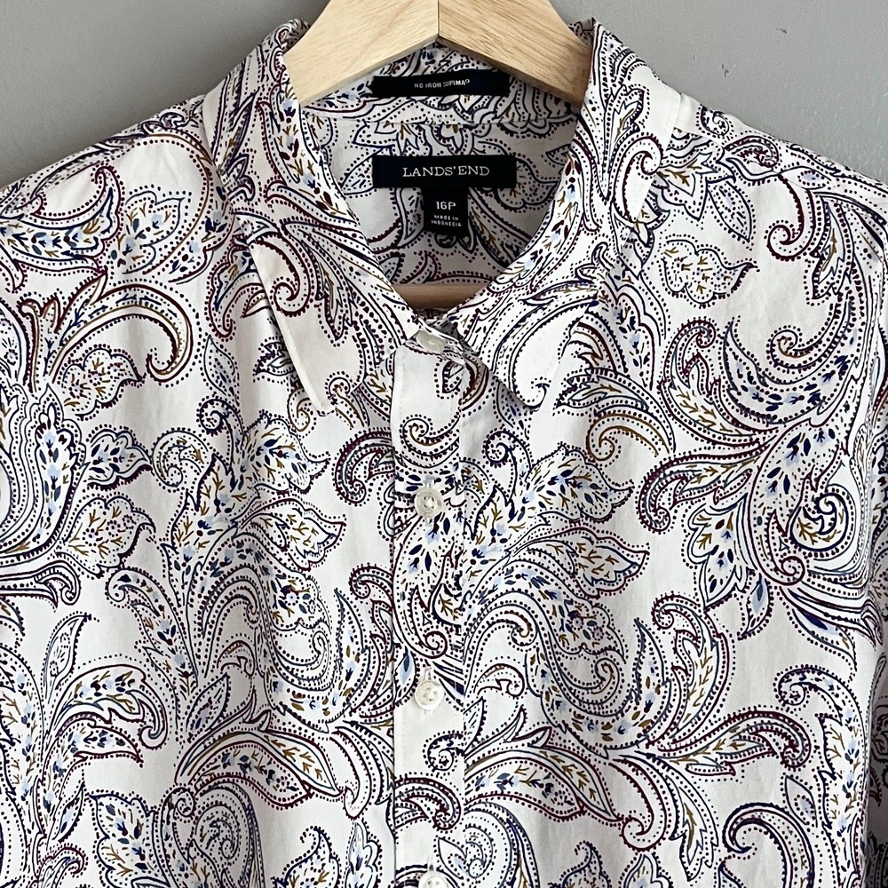 Lands End Womens Supima Cotton No Iron Paisley Button Up Shirt White Purple 16P